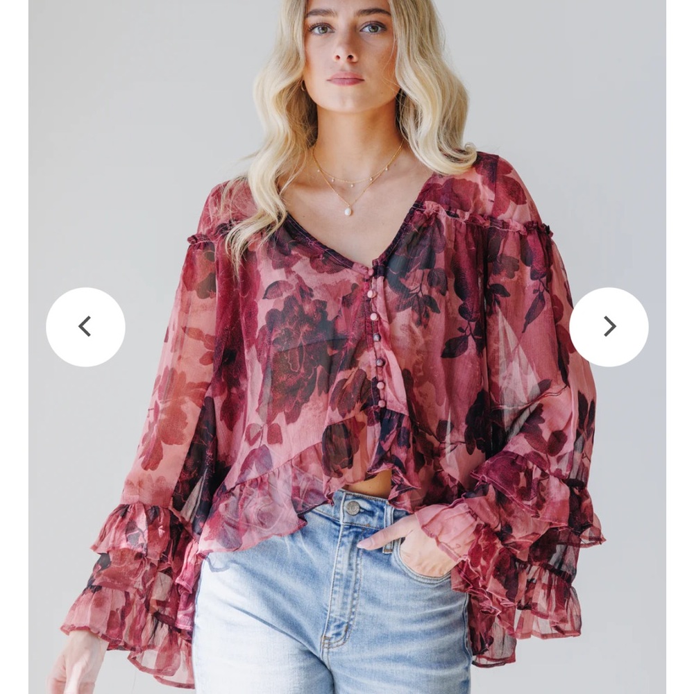 Free People Burgundy Floral Ruffle Tunic